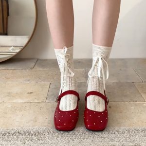 Height-Increasing Square-Toed Red Sheepskin Flats with Rivets - Retro One-Strap Ballet Mary Jane Shoes for Stylish Comfort