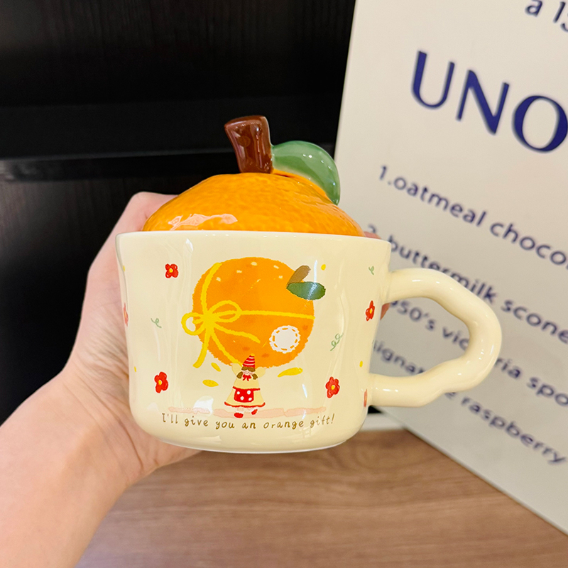 High Aesthetic Orange Ceramic Mug with Lid and Spoon - Perfect Birthday and Graduation Gift for Girls