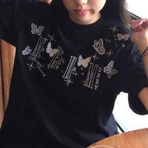 High-End 3D Butterfly Embroidered Letter Short Sleeve T-Shirt for Women - American Style, Summer 2025 Heavyweight Couple's Top