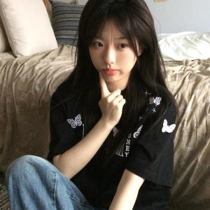 High-End 3D Butterfly Embroidered Letter Short Sleeve T-Shirt for Women - American Style, Summer 2025 Heavyweight Couple's Top