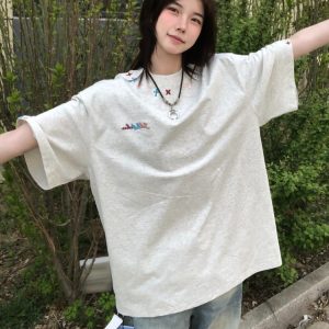 High-End American Minimalist Embroidered Letter Heavyweight Short Sleeve T-Shirt for Women - Summer 2025 Couple's Style Top