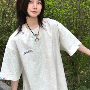 High-End American Minimalist Embroidered Letter Heavyweight Short Sleeve T-Shirt for Women - Summer 2025 Couple's Style Top