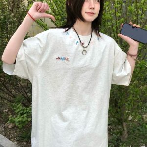 High-End American Minimalist Embroidered Letter Heavyweight Short Sleeve T-Shirt for Women - Summer 2025 Couple's Style Top