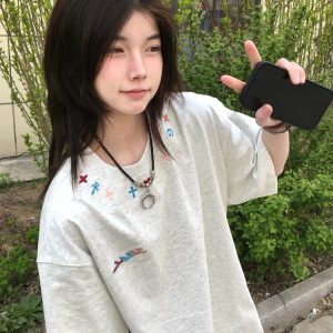 High-End American Minimalist Embroidered Letter Heavyweight Short Sleeve T-Shirt for Women - Summer 2025 Couple's Style Top