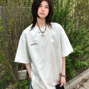 High-End American Minimalist Embroidered Letter Heavyweight Short Sleeve T-Shirt for Women - Summer 2025 Couple's Style Top