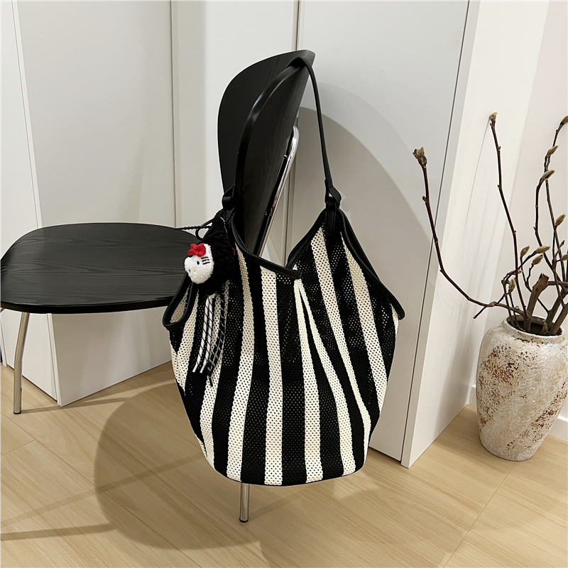 High-End Black and White Striped Tote Bag with Mother and Child Design - Large Capacity Shoulder and Underarm Bag