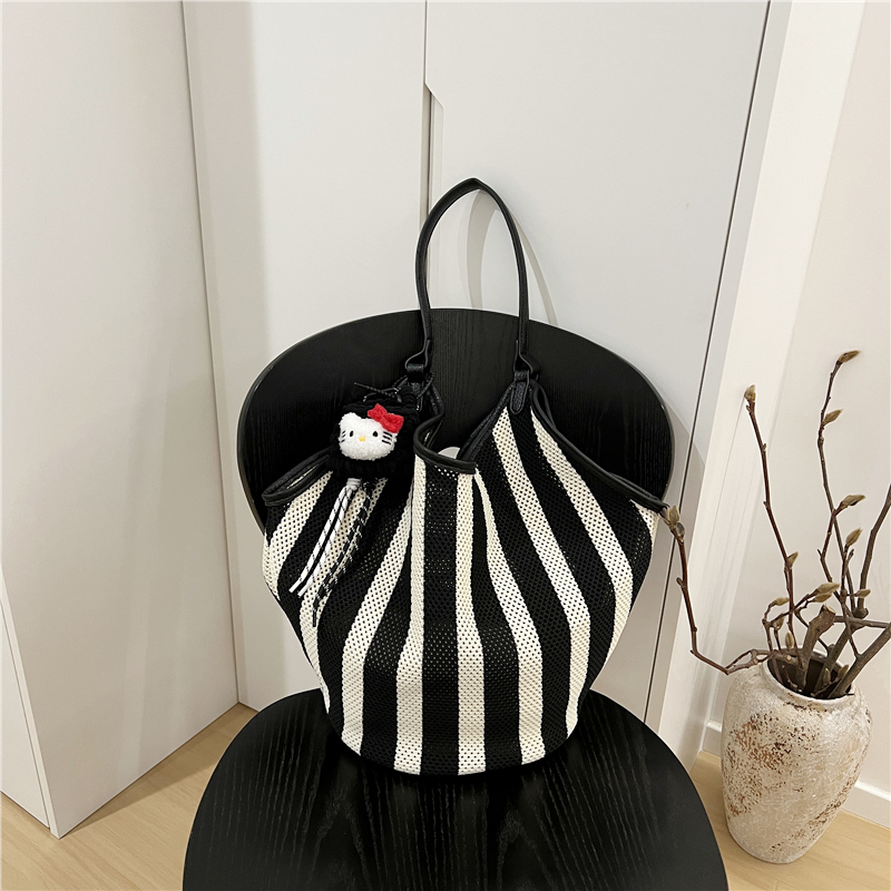 High-End Black and White Striped Tote Bag with Mother and Child Design - Large Capacity Shoulder and Underarm Bag