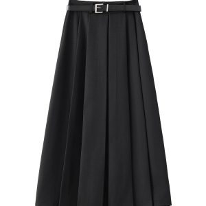 High-End Black High-Waisted Midi Skirt for Women - Slimming A-Line Pleated Design, Spring Summer 2025 Fashion Essential