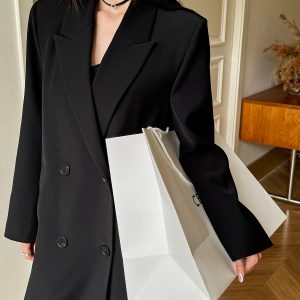 High-End Black Slimming Loose Mid-Length Double-Breasted Trench Coat for Women - Lightweight Spring Fashion