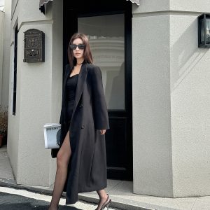 High-End Black Slimming Loose Mid-Length Double-Breasted Trench Coat for Women - Lightweight Spring Fashion