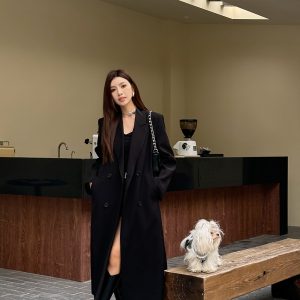 High-End Black Slimming Loose Mid-Length Double-Breasted Trench Coat for Women - Lightweight Spring Fashion