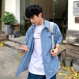High-End Blue Plaid Short Sleeve Shirt for Men and Women, Summer College Style with Letter Embroidery, Loose Casual Top