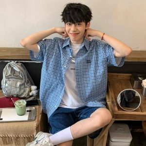 High-End Blue Plaid Short Sleeve Shirt for Men and Women, Summer College Style with Letter Embroidery, Loose Casual Top