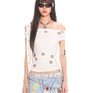 High-End Cool Spicy One-Shoulder Off-Shoulder Black Hollow Out Asymmetrical Top T-Shirt for Hot Girls - 90s Y2K Style