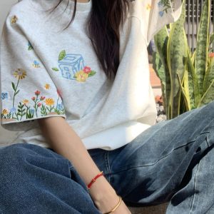 High-End Embroidered Floral Letter Short Sleeve T-Shirt for Women - Summer American Style Heavyweight Raglan Top