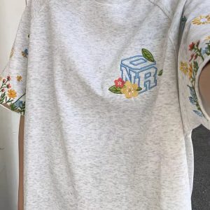 High-End Embroidered Floral Letter Short Sleeve T-Shirt for Women - Summer American Style Heavyweight Raglan Top