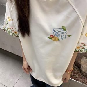 High-End Embroidered Floral Letter Short Sleeve T-Shirt for Women - Summer American Style Heavyweight Raglan Top