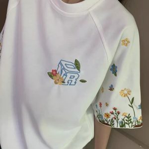 High-End Embroidered Floral Letter Short Sleeve T-Shirt for Women - Summer American Style Heavyweight Raglan Top