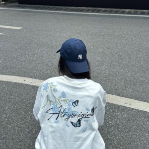 High-End Embroidered Orchid Butterfly Short-Sleeve T-Shirt for Women - Summer American Style Unique Couple Top