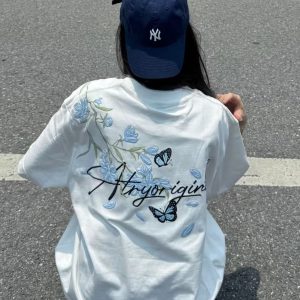 High-End Embroidered Orchid Butterfly Short-Sleeve T-Shirt for Women - Summer American Style Unique Couple Top