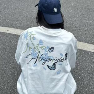 High-End Embroidered Orchid Butterfly Short-Sleeve T-Shirt for Women - Summer American Style Unique Couple Top