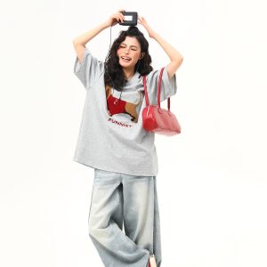 High-End Fabric American Retro Sausage Dog Embroidery Short-Sleeve T-Shirt for Women - Loose Fit Versatile Style