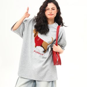 High-End Fabric American Retro Sausage Dog Embroidery Short-Sleeve T-Shirt for Women - Loose Fit Versatile Style