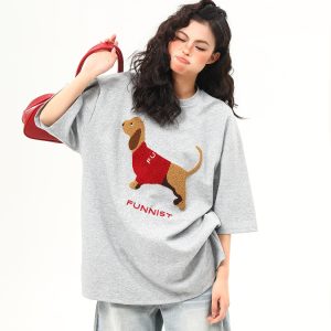 High-End Fabric American Retro Sausage Dog Embroidery Short-Sleeve T-Shirt for Women - Loose Fit Versatile Style