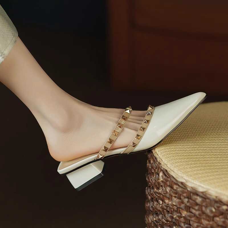 High-End Fashion Genuine Leather Studded Open-Toe Slippers for Women - Soft Mid-Heel, Italian Style, Trendy Footwear