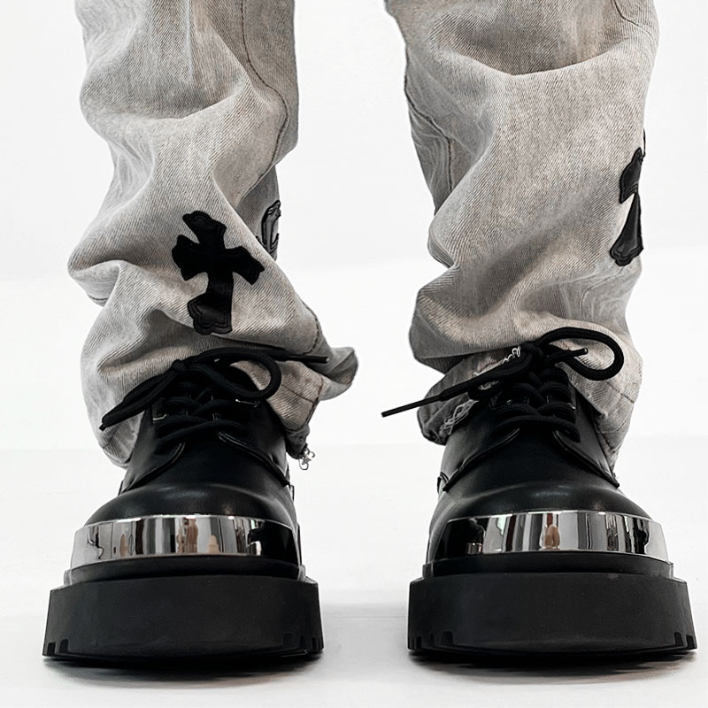 High-End Genuine Leather Derby Shoes for Men, Round Toe, Thick-Soled, British Style, Height-Increasing, Niche High Street Fashion