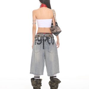 High-End Graffiti Letter Denim Loose Wide-Leg Shorts for Women - Summer 2025 Korean Niche Style