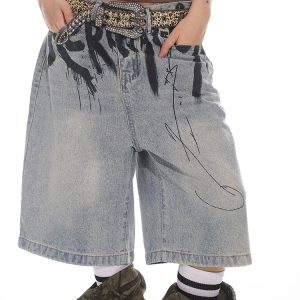 High-End Graffiti Letter Denim Loose Wide-Leg Shorts for Women - Summer 2025 Korean Niche Style