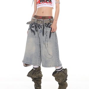 High-End Graffiti Letter Denim Loose Wide-Leg Shorts for Women - Summer 2025 Korean Niche Style