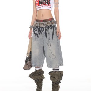 High-End Graffiti Letter Denim Loose Wide-Leg Shorts for Women - Summer 2025 Korean Niche Style