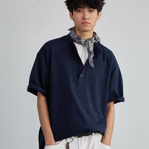 High-End Heavyweight Oversized Henley Collar Short Sleeve T-Shirt for Men - Loose Fit Round Neck Tee - Y2K Summer Style