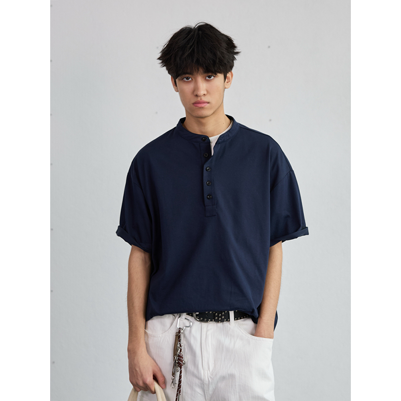 High-End Heavyweight Oversized Henley Collar Short Sleeve T-Shirt for Men - Loose Fit Round Neck Tee - Y2K Summer Style