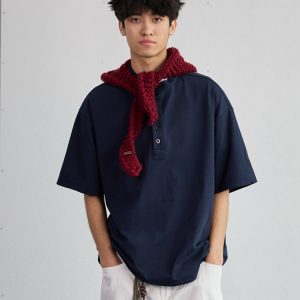 High-End Heavyweight Oversized Henley Collar Short Sleeve T-Shirt for Men - Loose Fit Round Neck Tee - Y2K Summer Style