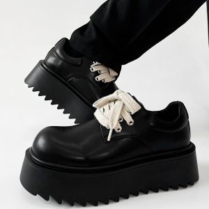 High-End Korean Style Thick-Soled Platform Derby Shoes for Men - Versatile Black Chunky Sneakers, British Trendy Design