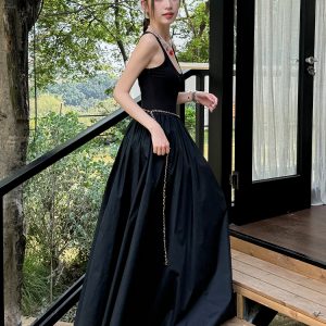 High-End Light Fabric Black Long Vest Dress with Slim Waist - Summer Floor-Length Skirt Fashion