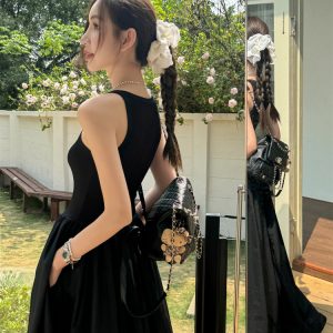 High-End Light Fabric Black Long Vest Dress with Slim Waist - Summer Floor-Length Skirt Fashion