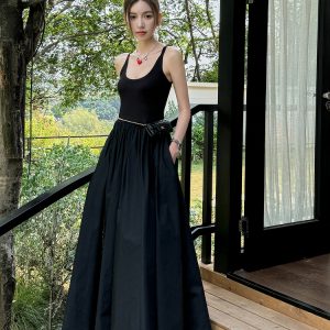 High-End Light Fabric Black Long Vest Dress with Slim Waist - Summer Floor-Length Skirt Fashion