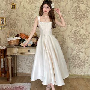 High-End Minimalist Backless Spaghetti Strap Evening Dress with Fishbone Detail | Spring & Autumn Fashion