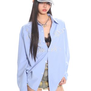 High-End Pearl Beaded Letter Shirt Jacket for Women - Loose Fit, Niche Style for Spring Summer, Trendy Heavy Industry Design