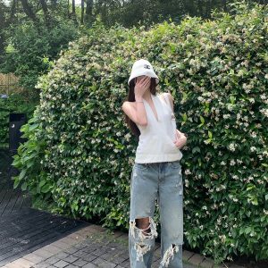 High-End Ripped Denim Pants for Women - Summer Loose Vintage Wide-Leg Straight Jeans, Y2K Style, Casual Fashion