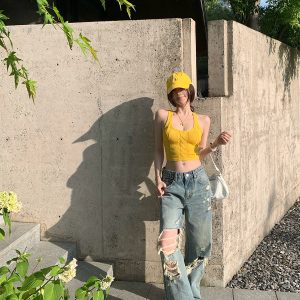 High-End Ripped Denim Pants for Women - Summer Loose Vintage Wide-Leg Straight Jeans, Y2K Style, Casual Fashion