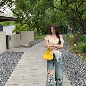 High-End Ripped Denim Pants for Women - Summer Loose Vintage Wide-Leg Straight Jeans, Y2K Style, Casual Fashion