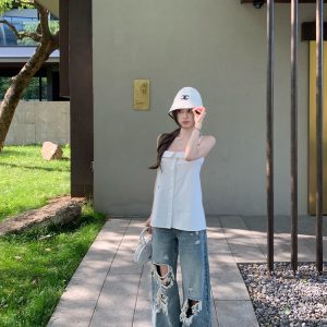 High-End Ripped Denim Pants for Women - Summer Loose Vintage Wide-Leg Straight Jeans, Y2K Style, Casual Fashion