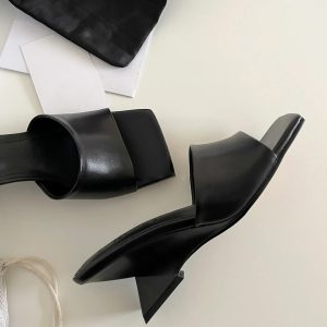 High-End Sheepskin Square-Toe Irregular Heeled Open-Toe Mule Sandals for Women - Stylish Cool Slippers