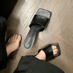 High-End Sheepskin Square-Toe Irregular Heeled Open-Toe Mule Sandals for Women - Stylish Cool Slippers