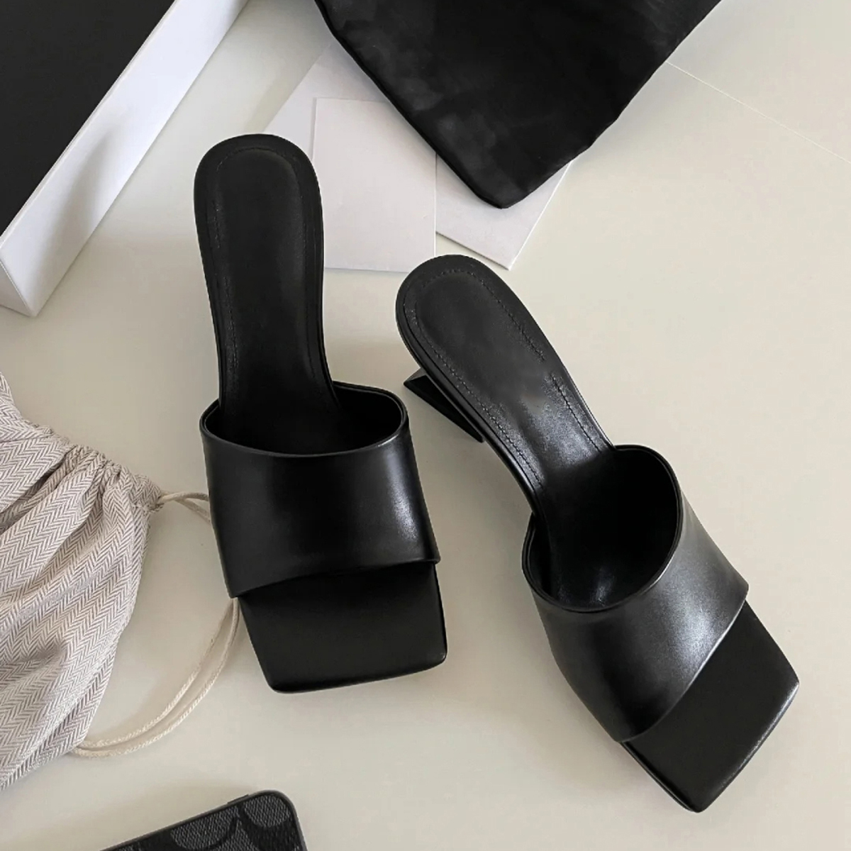 High-End Sheepskin Square-Toe Irregular Heeled Open-Toe Mule Sandals for Women - Stylish Cool Slippers